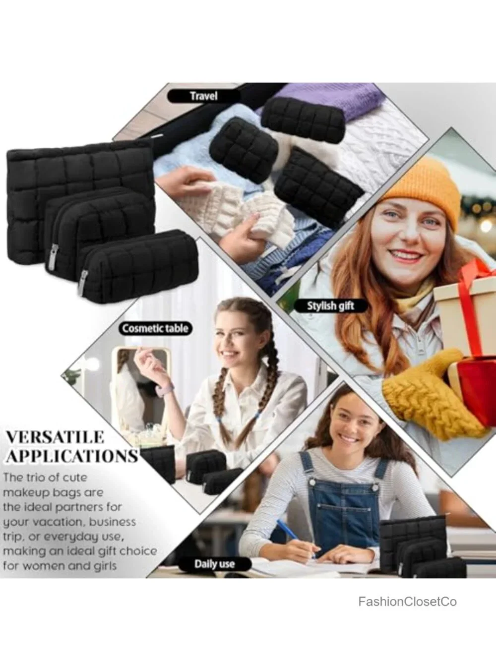 Puffy Quilted Makeup Bag Set of 3 Cosmetic Pouch Travel Toiletry Organizer with
